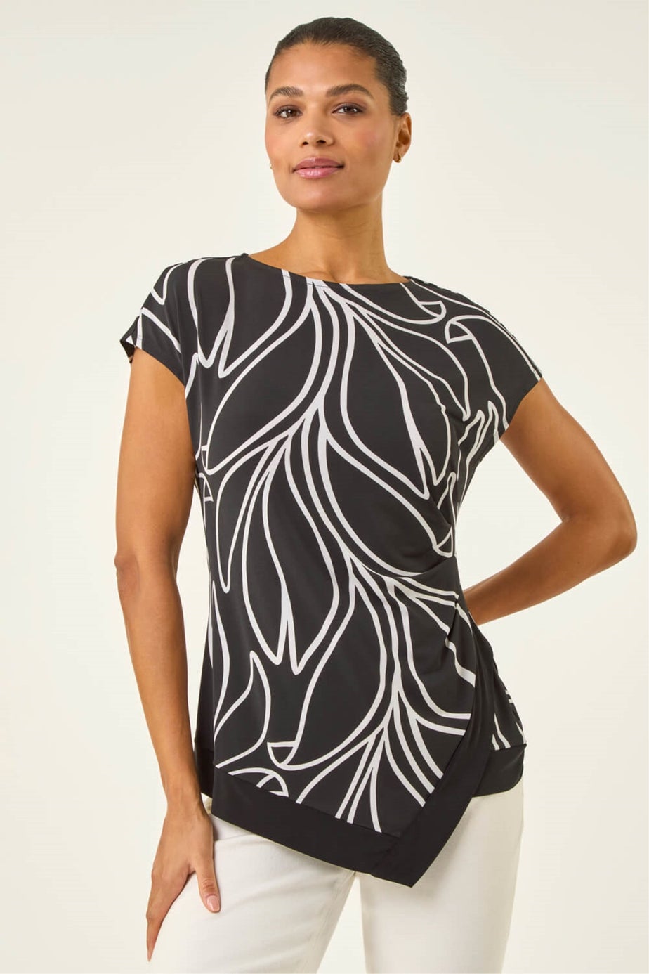 Roman Black Floral Print Asymmetric Stretch Top