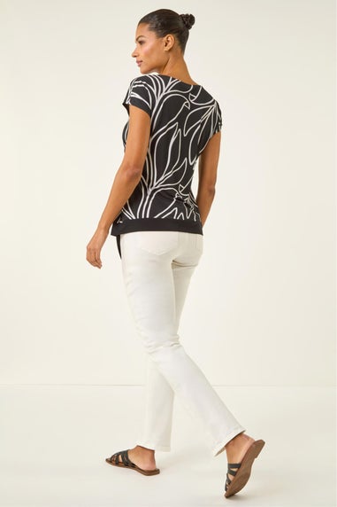 Roman Black Floral Print Asymmetric Stretch Top
