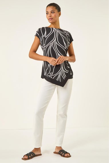 Roman Black Floral Print Asymmetric Stretch Top