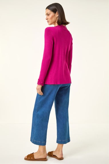 Roman Cerise Lace Trim Knit Cardigan