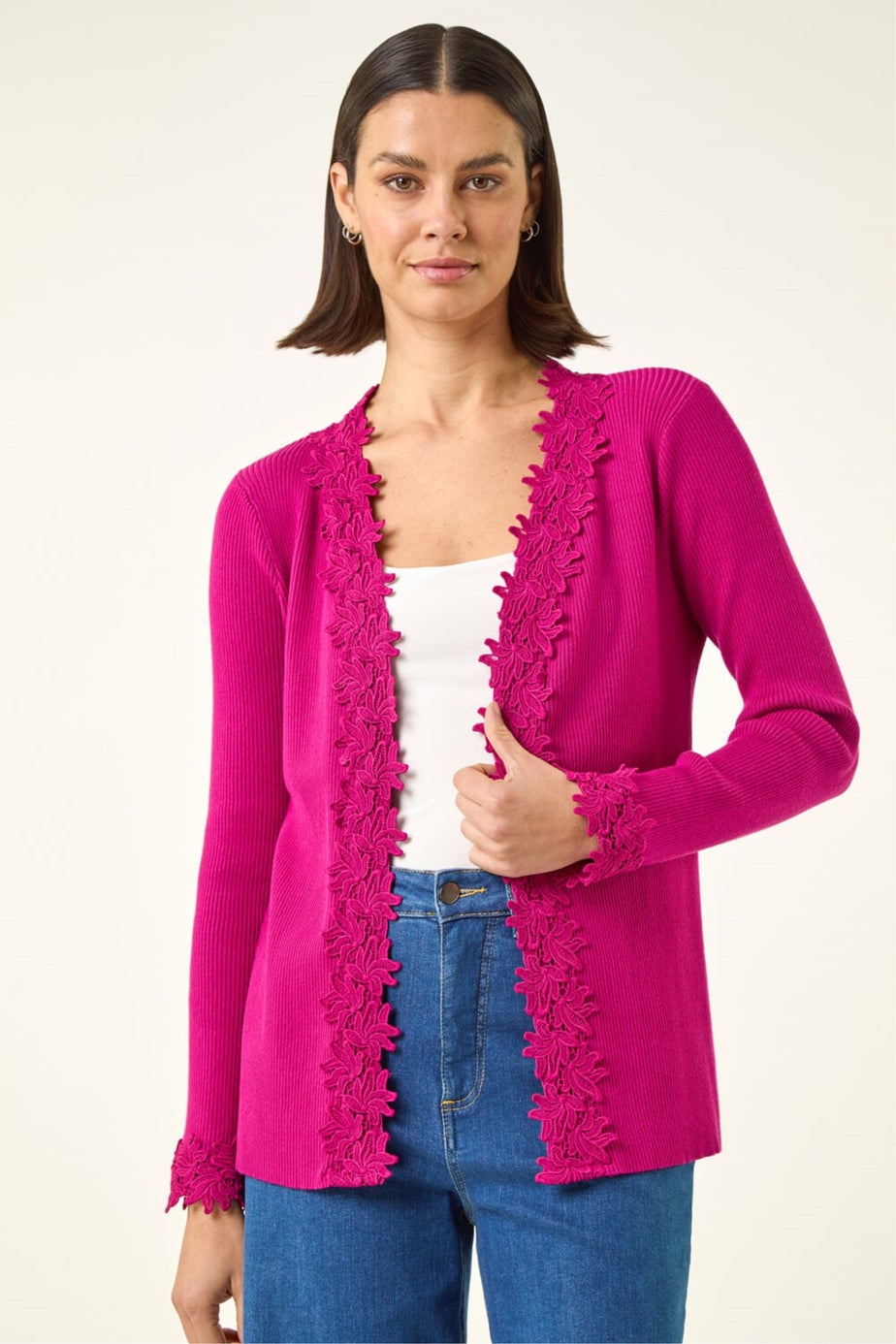 Roman Cerise Lace Trim Knit Cardigan