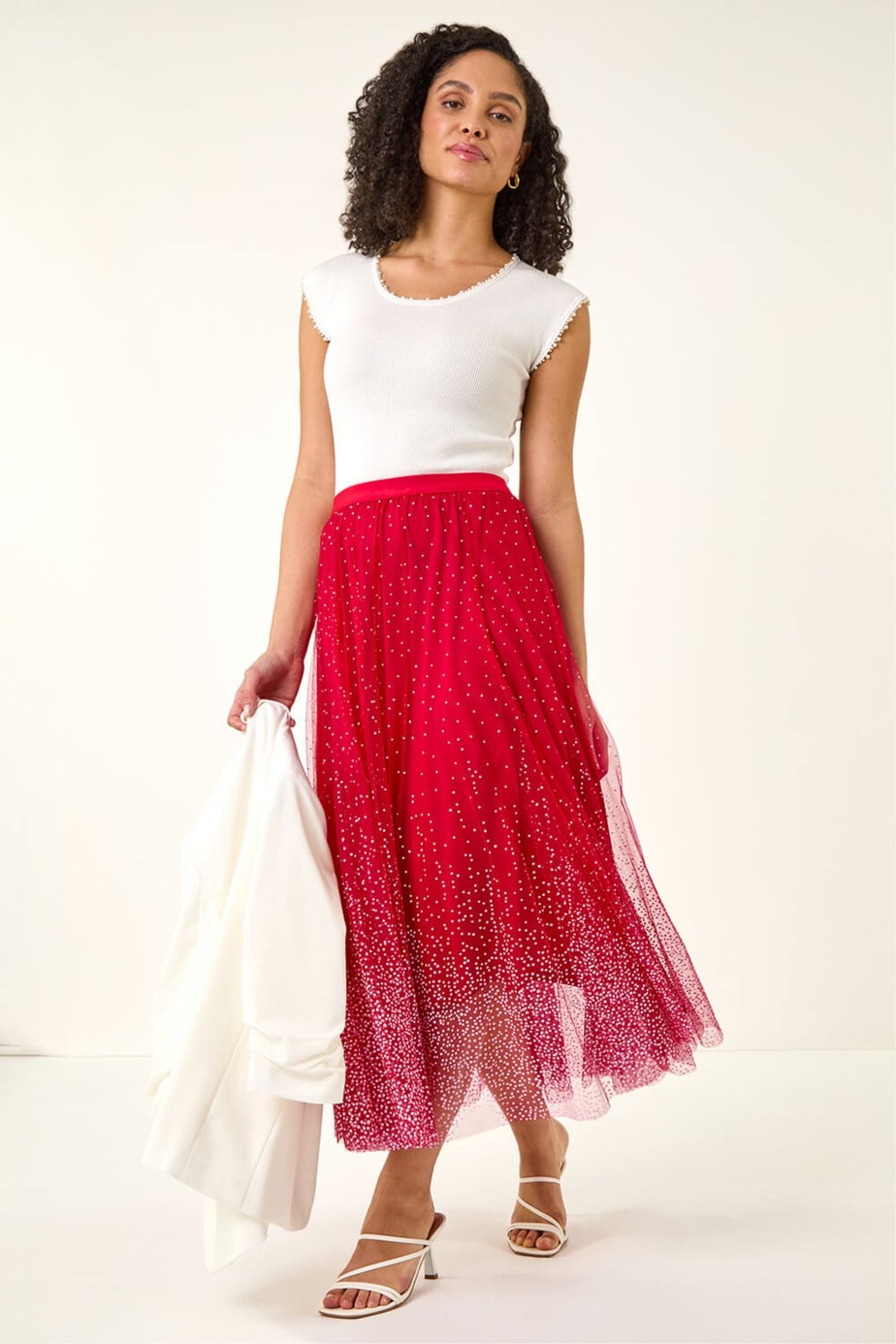 Roman Red Polka Dot Print Elasticated Mesh Skirt