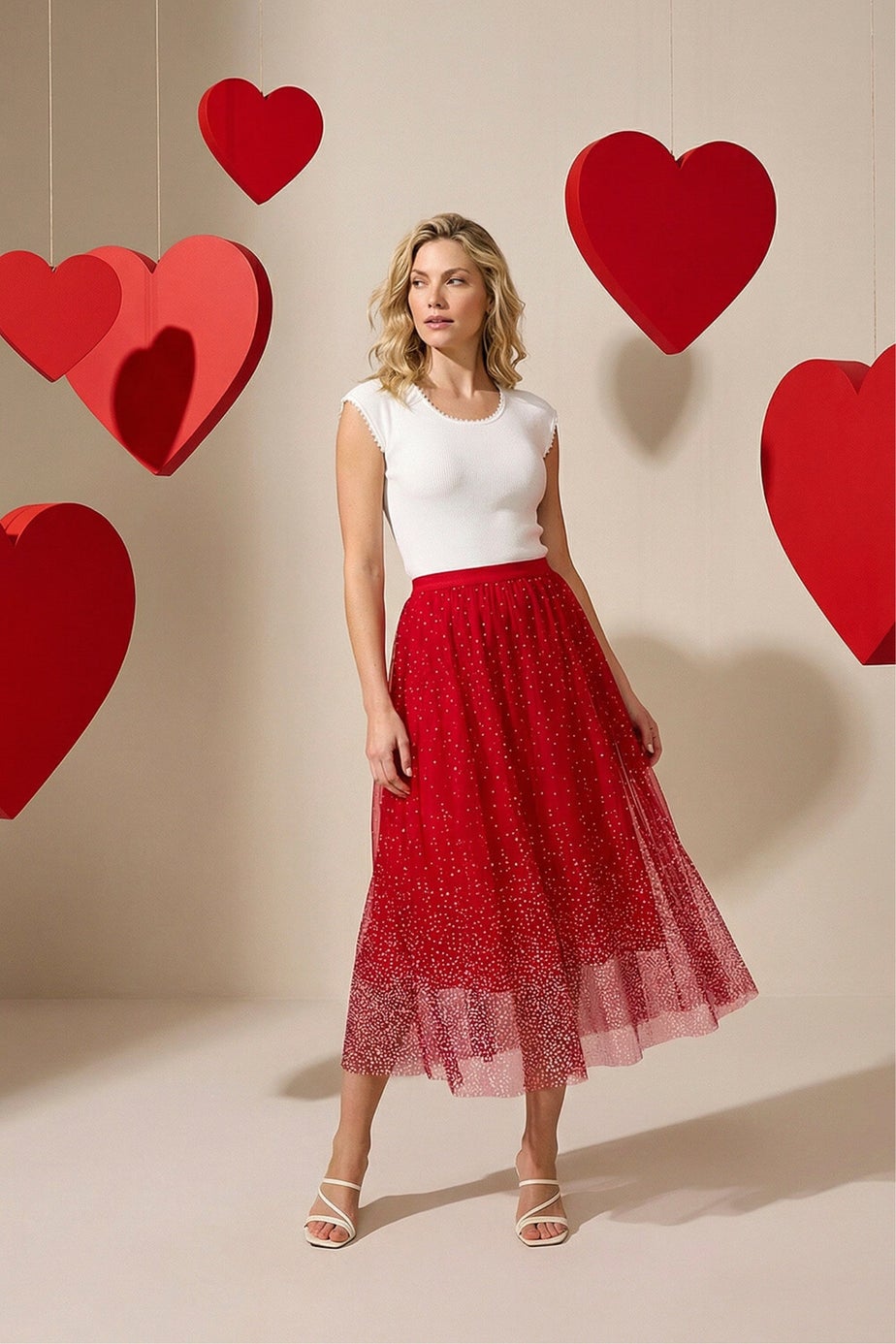 Roman Red Polka Dot Print Elasticated Mesh Skirt