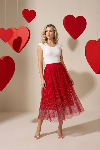 Roman Red Polka Dot Print Elasticated Mesh Skirt