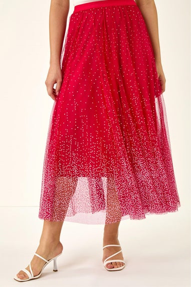 Roman Red Polka Dot Print Elasticated Mesh Skirt