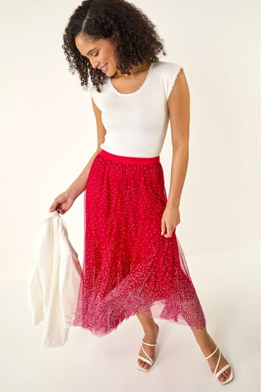 Roman Red Polka Dot Print Elasticated Mesh Skirt