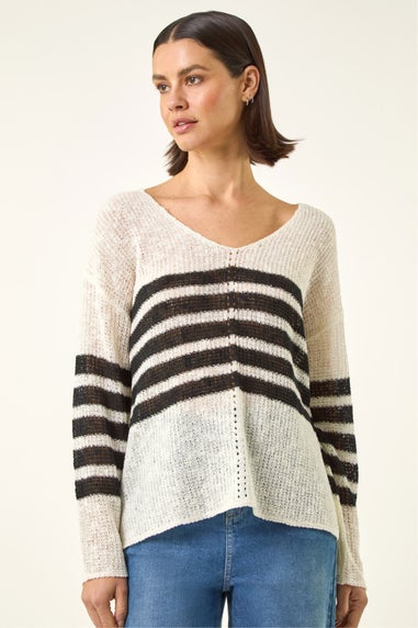 Roman Ivory Stripe V-Neck Knit Jumper