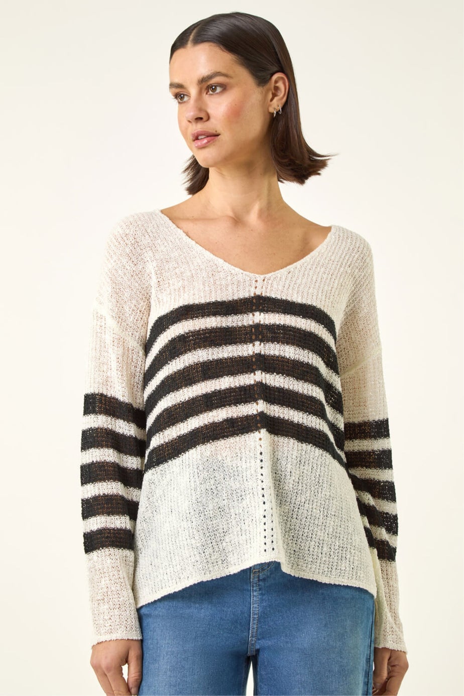 Roman Ivory Stripe V-Neck Knit Jumper