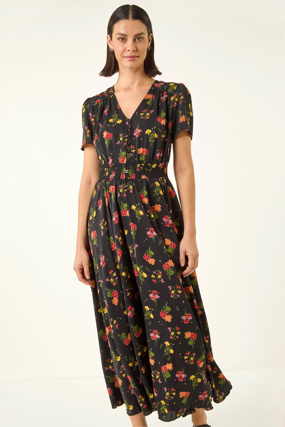 Roman Black Floral Print Buttoned Midi Dress