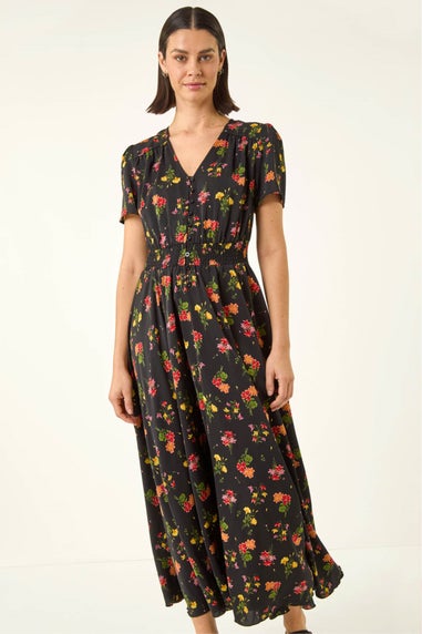 Roman Black Floral Print Buttoned Midi Dress