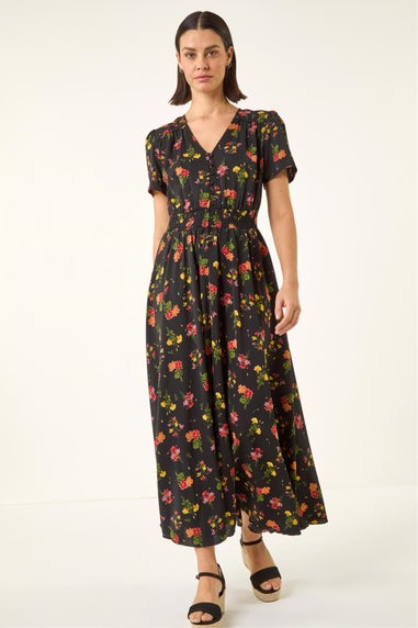 Roman Black Floral Print Buttoned Midi Dress