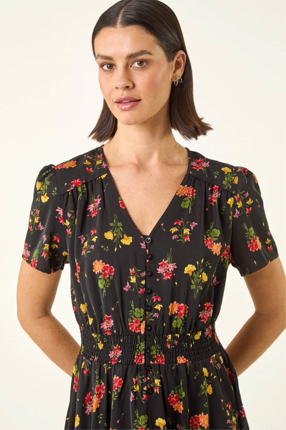 Roman Black Floral Print Buttoned Midi Dress
