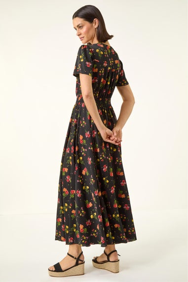 Roman Black Floral Print Buttoned Midi Dress