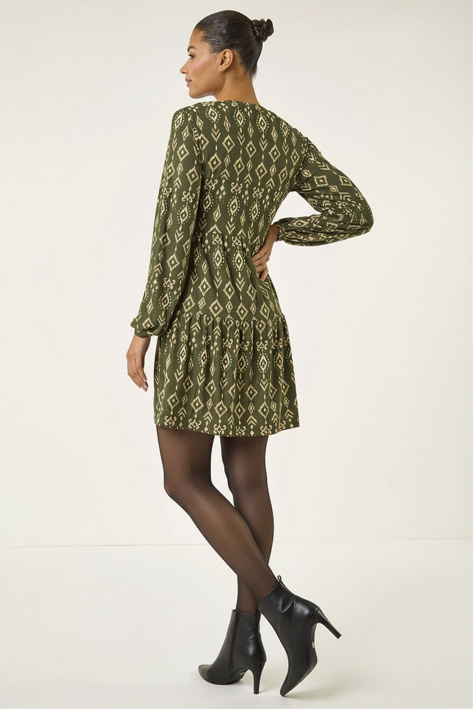 Roman Khaki Aztec Print Button Stretch Swing Dress