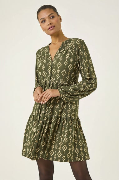 Roman Khaki Aztec Print Button Stretch Swing Dress