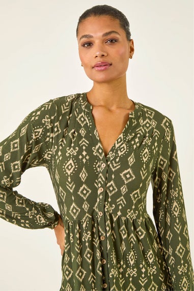 Roman Khaki Aztec Print Button Stretch Swing Dress