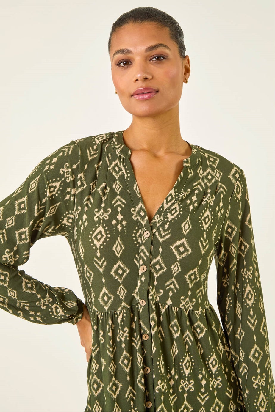 Roman Khaki Aztec Print Button Stretch Swing Dress