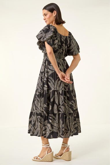 Roman Black Dotted Leaf Print Midi Dress