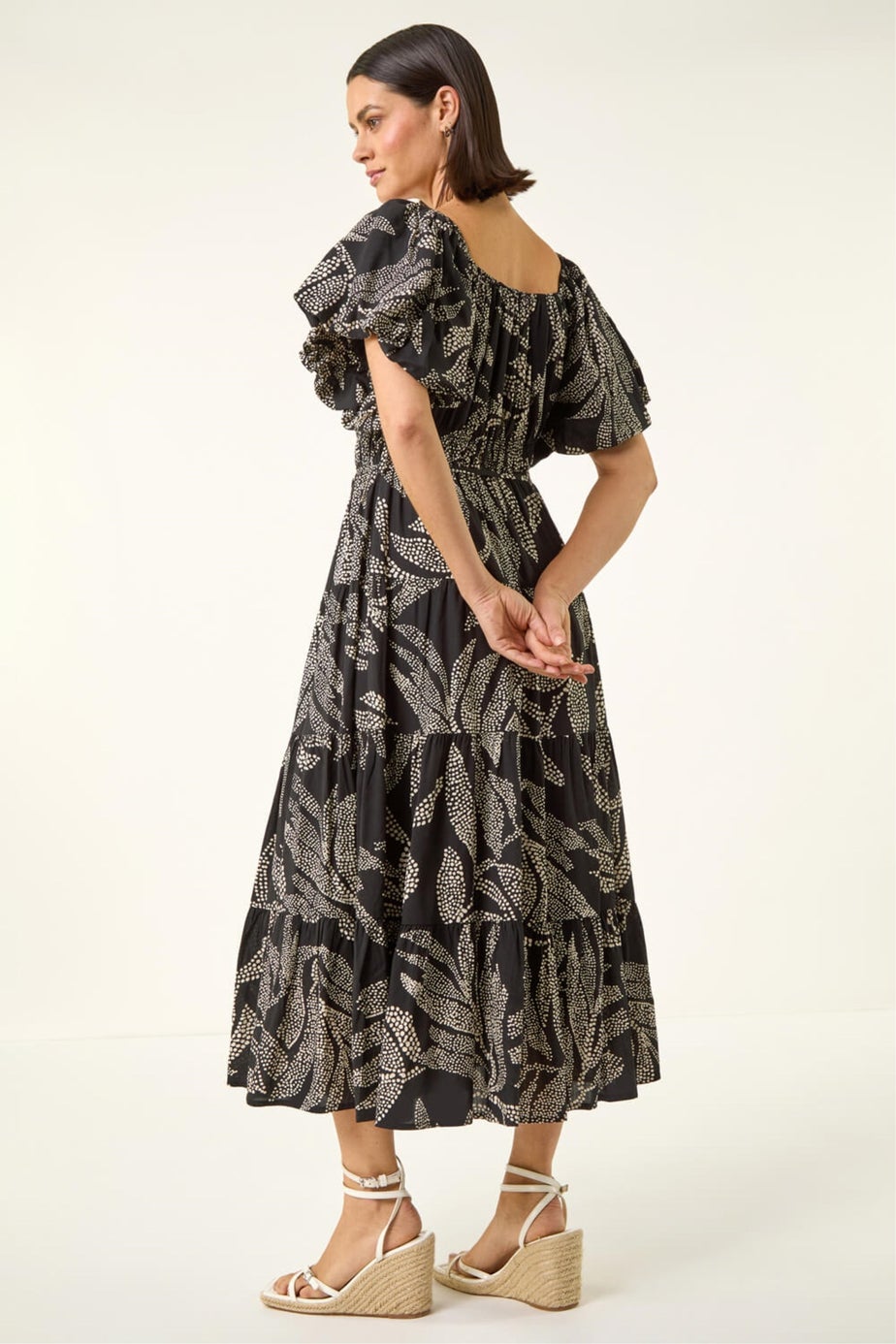 Roman Black Dotted Leaf Print Midi Dress