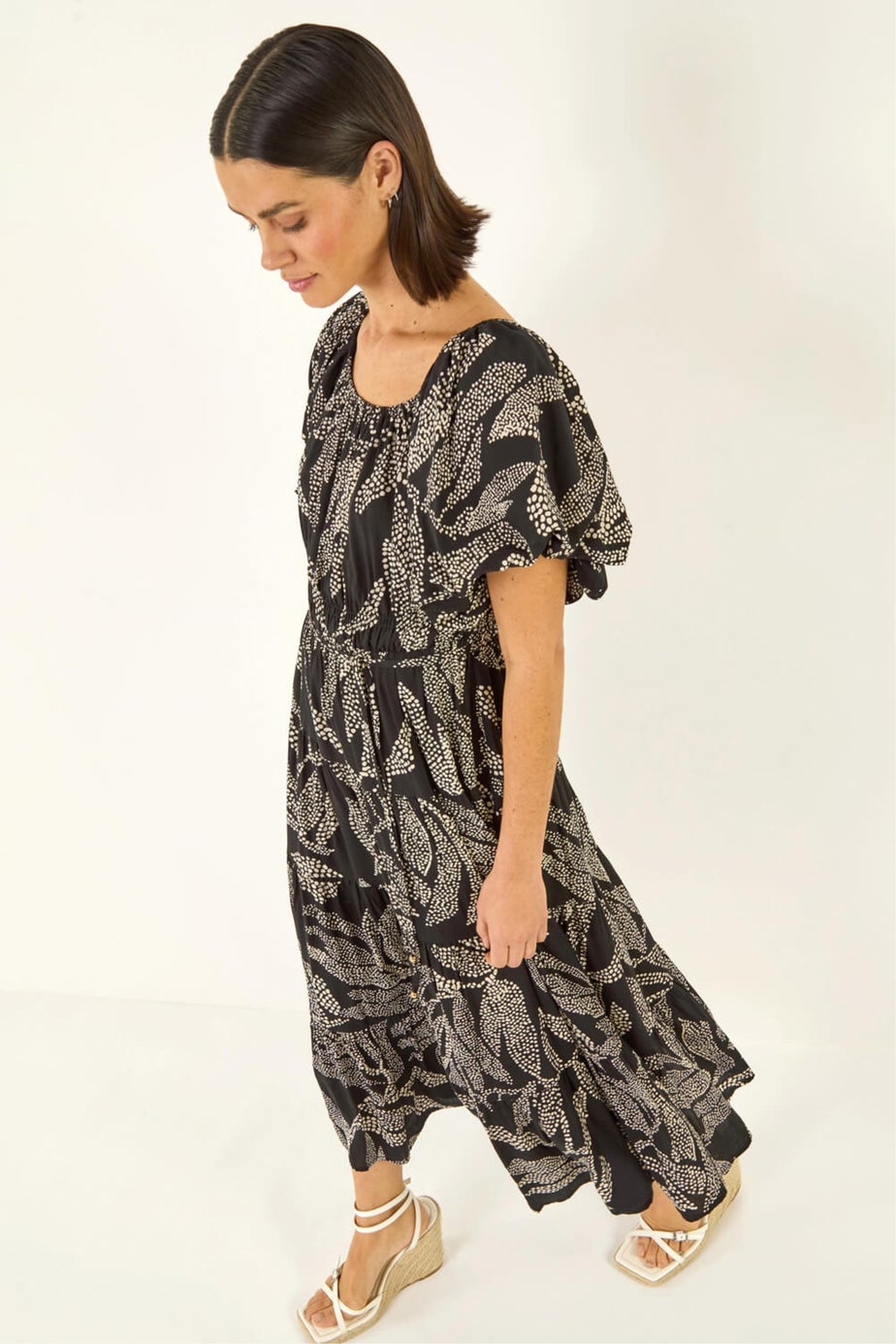 Roman Black Dotted Leaf Print Midi Dress