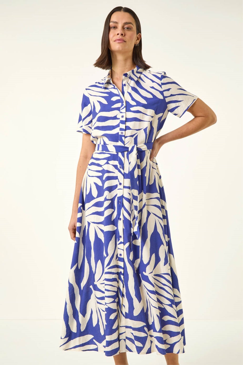 Roman Royal Blue Leaf Print Belted Midi Shirt Dress