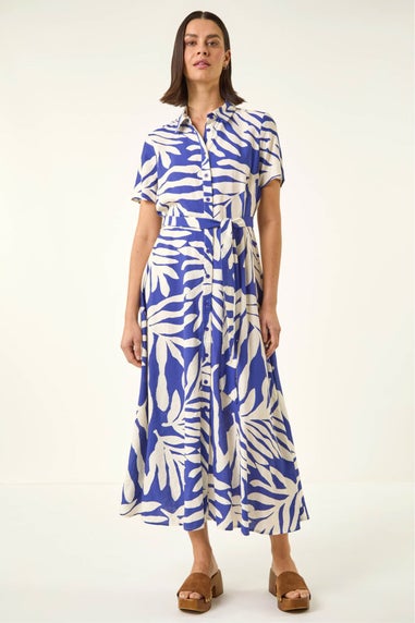 Roman Royal Blue Leaf Print Belted Midi Shirt Dress