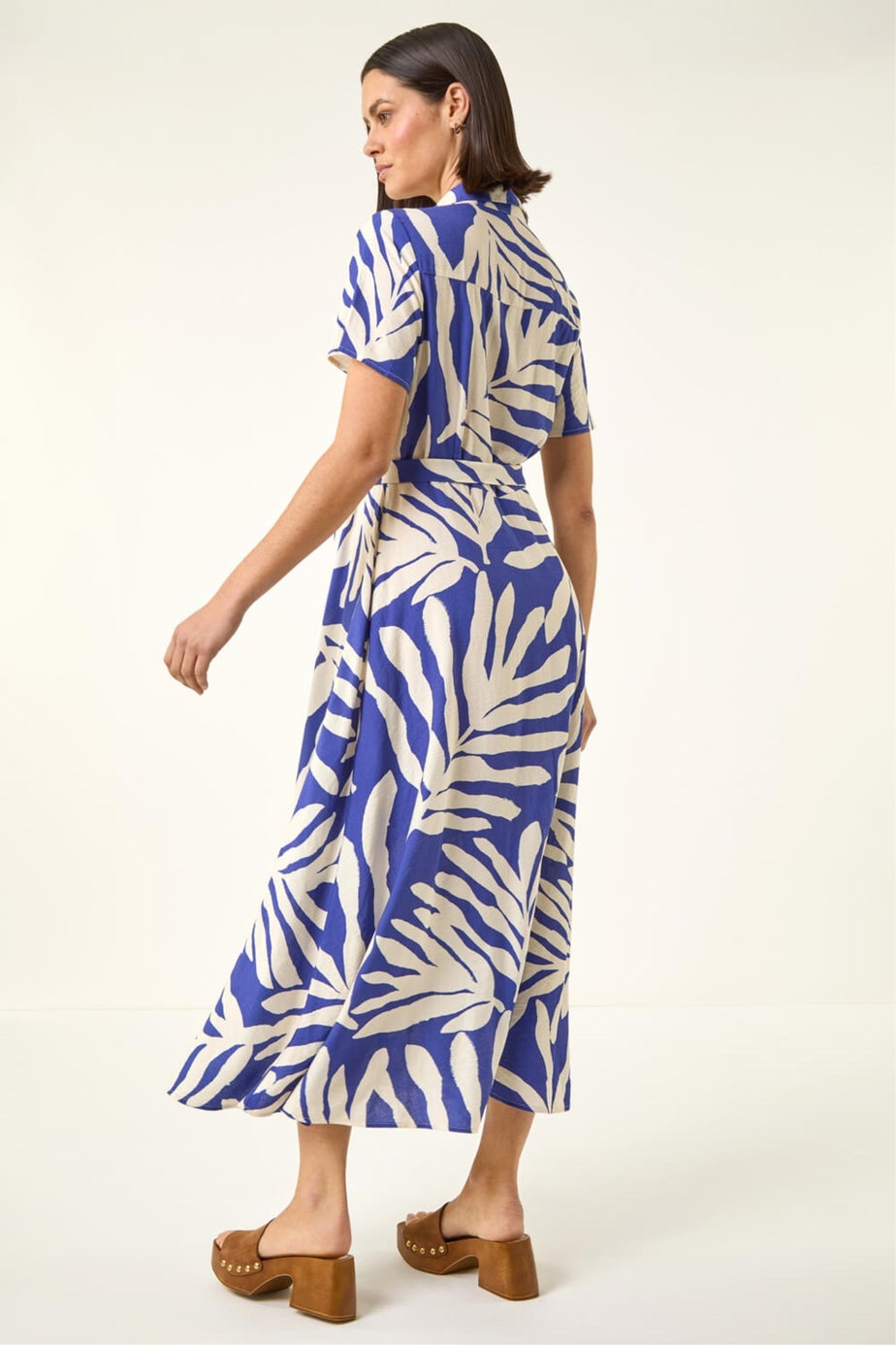 Roman Royal Blue Leaf Print Belted Midi Shirt Dress