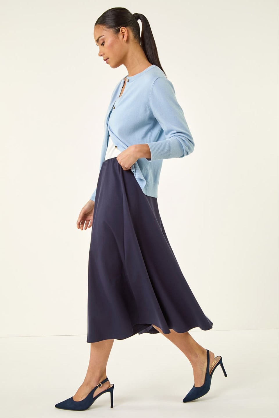 Roman Navy Petite Ponte Stretch Midi Skirt