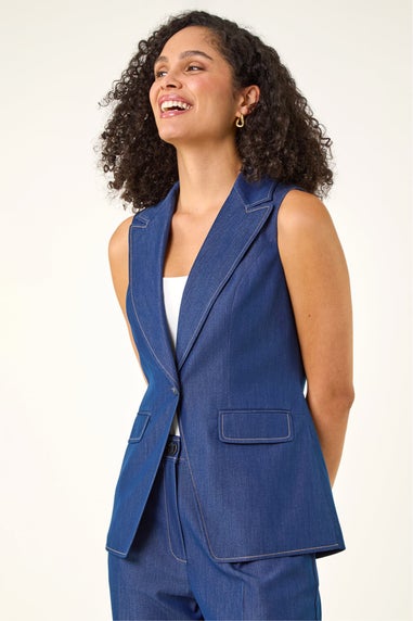 Roman Indigo Longline Button Waistcoat Jacket