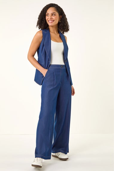 Roman Indigo Denim Contrast Stitch Wide Leg Trouser