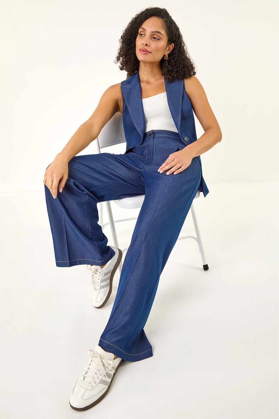 Roman Indigo Denim Contrast Stitch Wide Leg Trouser