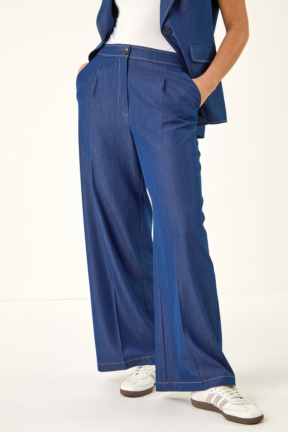 Roman Indigo Denim Contrast Stitch Wide Leg Trouser