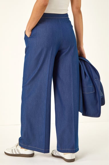Roman Indigo Denim Contrast Stitch Wide Leg Trouser