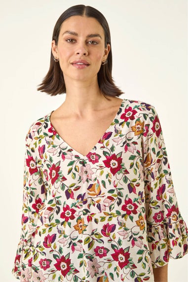 Roman Red Floral Print Flare Sleeve Top