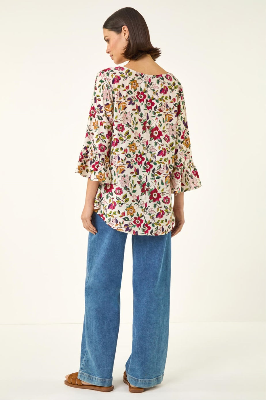 Roman Red Floral Print Flare Sleeve Top