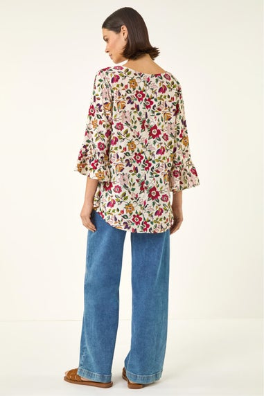 Roman Red Floral Print Flare Sleeve Top