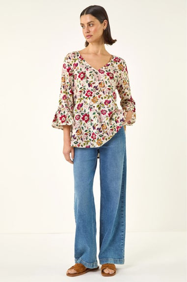 Roman Red Floral Print Flare Sleeve Top