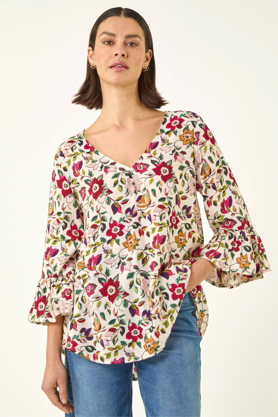 Roman Red Floral Print Flare Sleeve Top