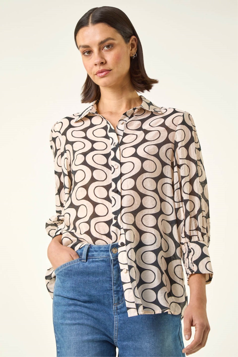 Roman Black Geometric Print Collared Shirt