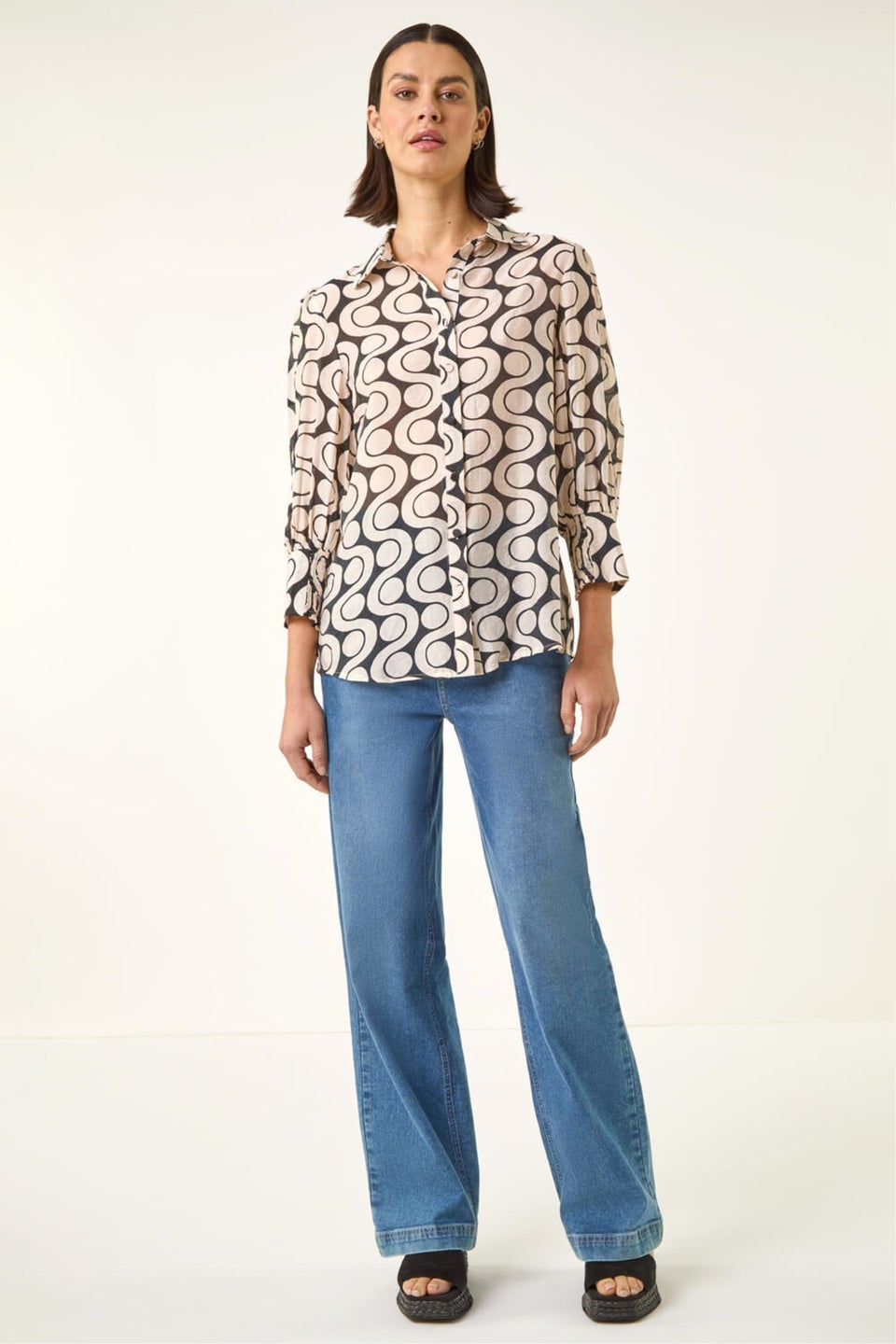 Roman Black Geometric Print Collared Shirt