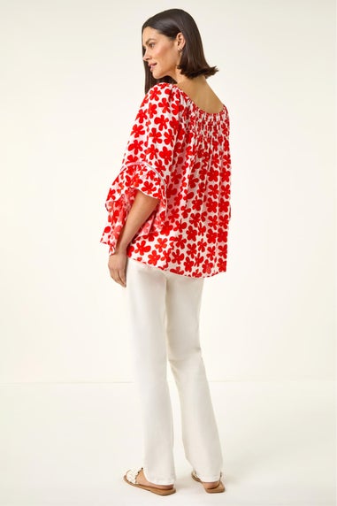 Roman Red Floral Print Bardot Top