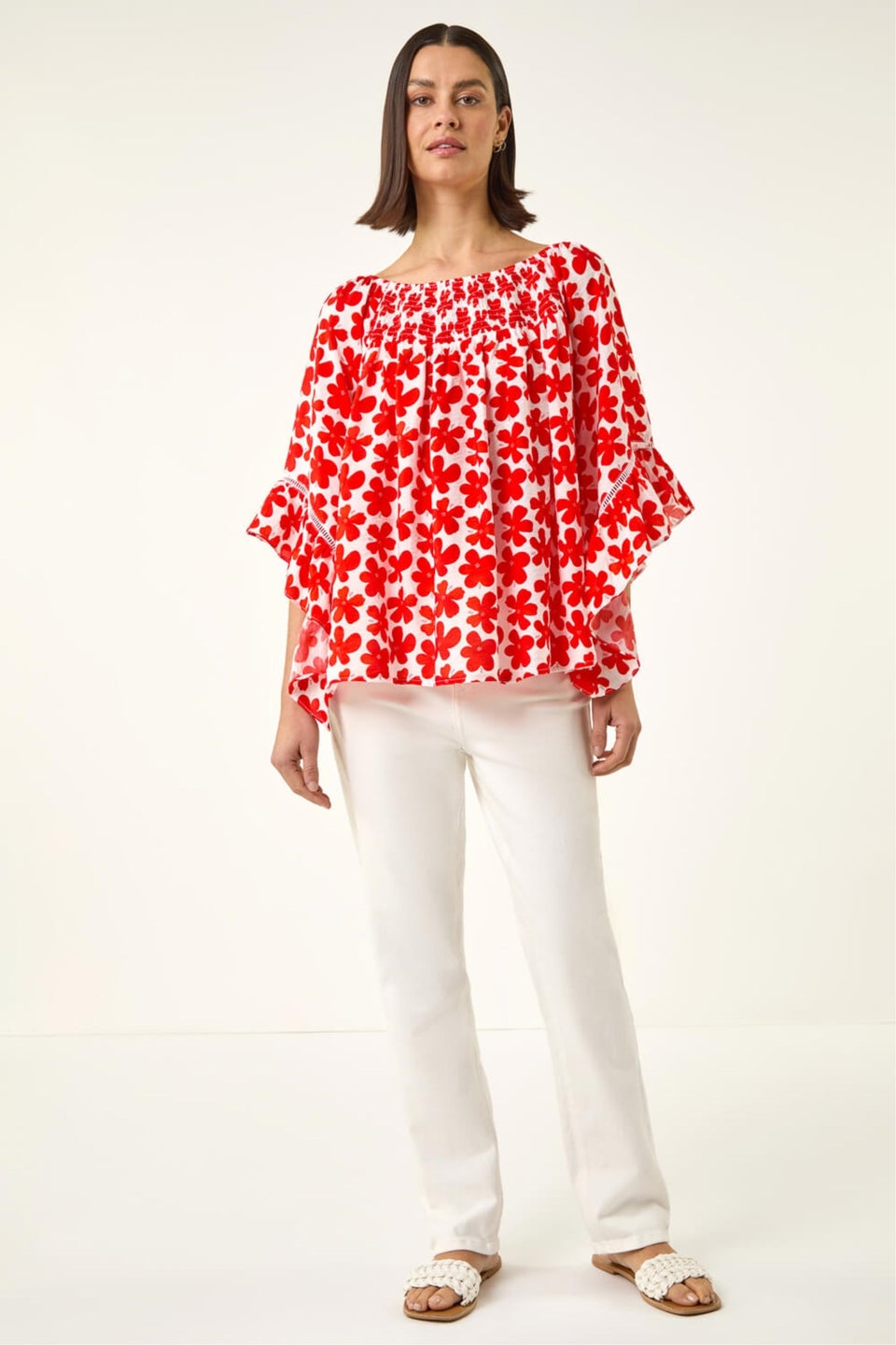 Roman Red Floral Print Bardot Top