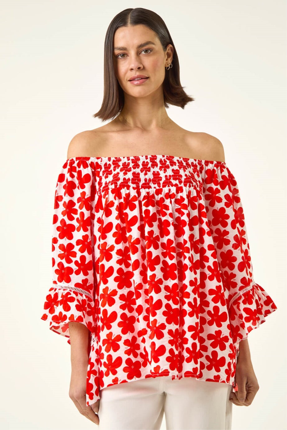 Roman Red Floral Print Bardot Top