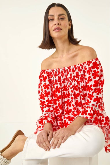 Roman Red Floral Print Bardot Top
