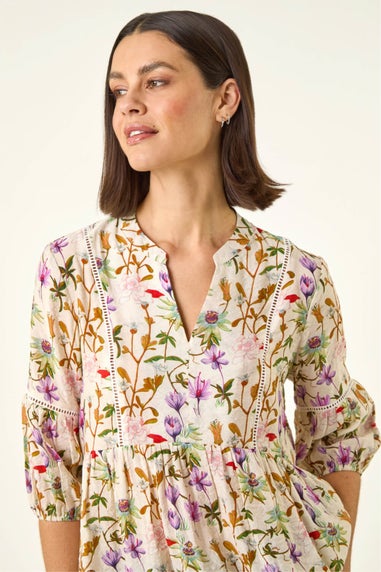 Roman Purple Floral Print Ladder Trim Overshirt