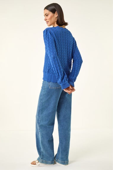 Roman Blue Pointelle Button Knit Cardigan