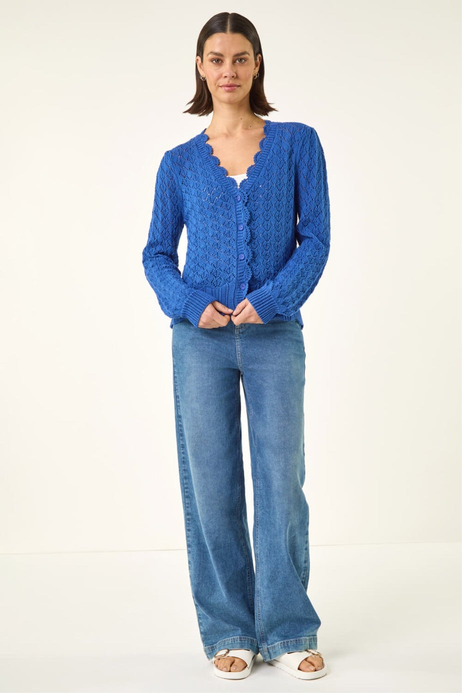 Roman Blue Pointelle Button Knit Cardigan