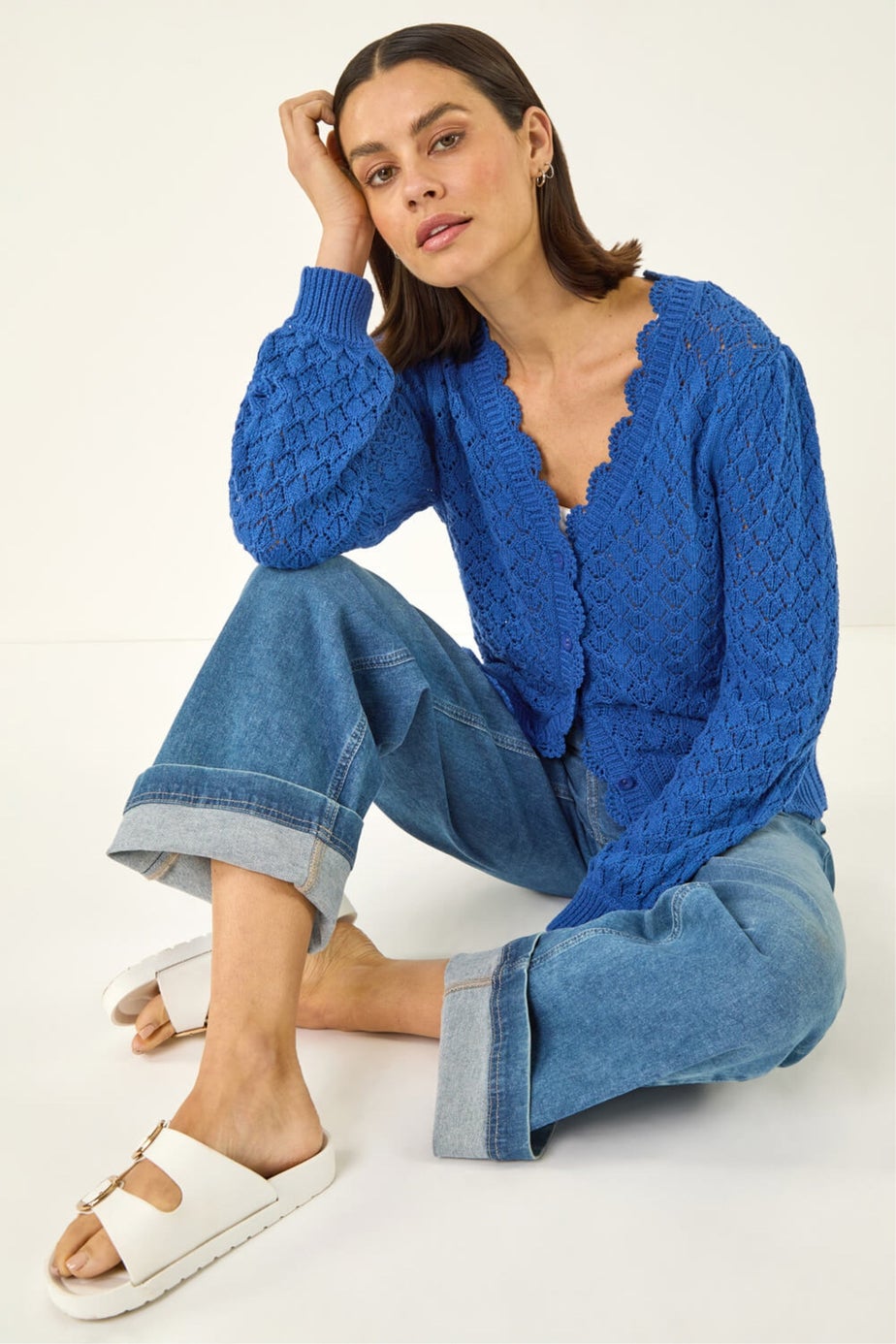 Roman Blue Pointelle Button Knit Cardigan