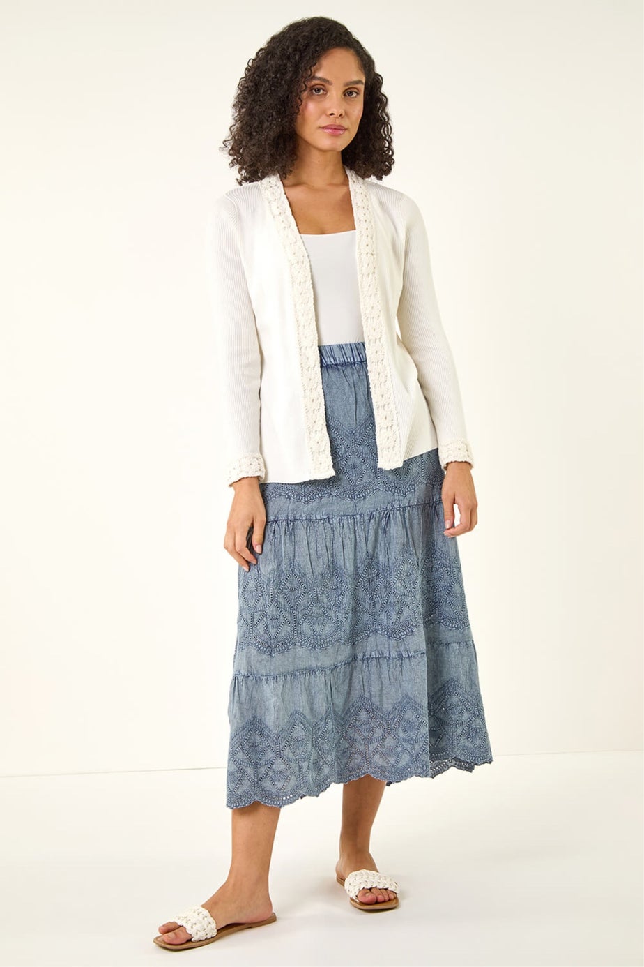 Roman Ivory Crochet Trim Knit Cardigan