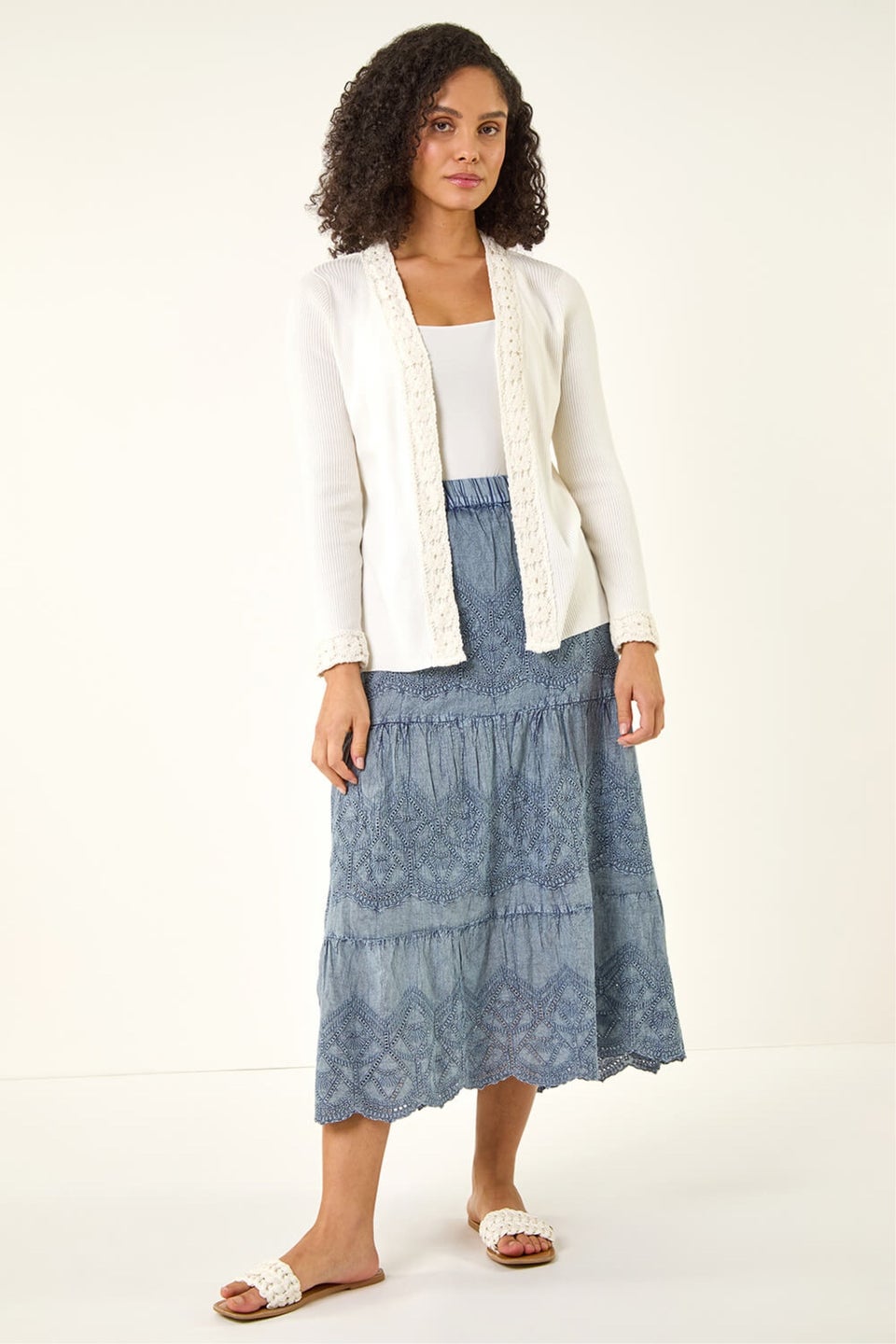 Roman Ivory Crochet Trim Knit Cardigan